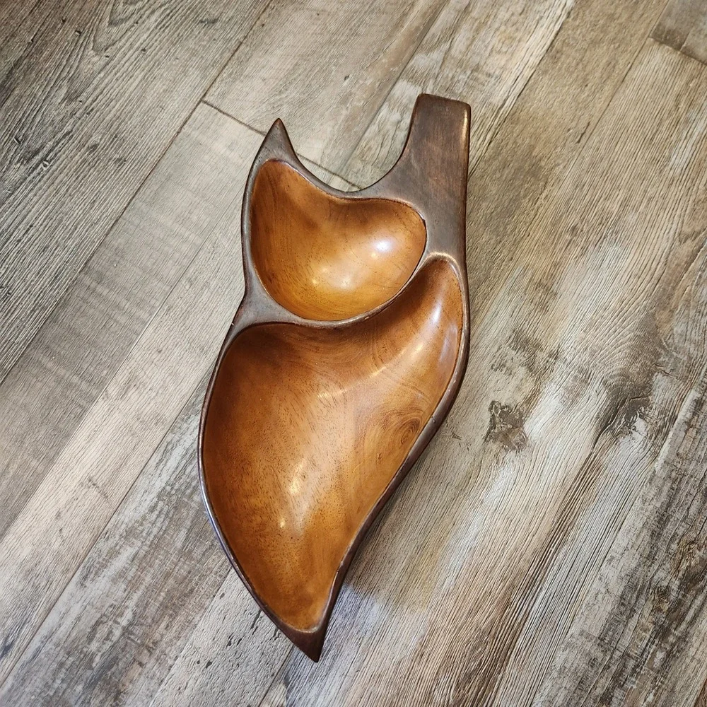 Vintage Mid Century Modern Monkey‎ Pod Wood Divided Serving Tray Hand Carved 12